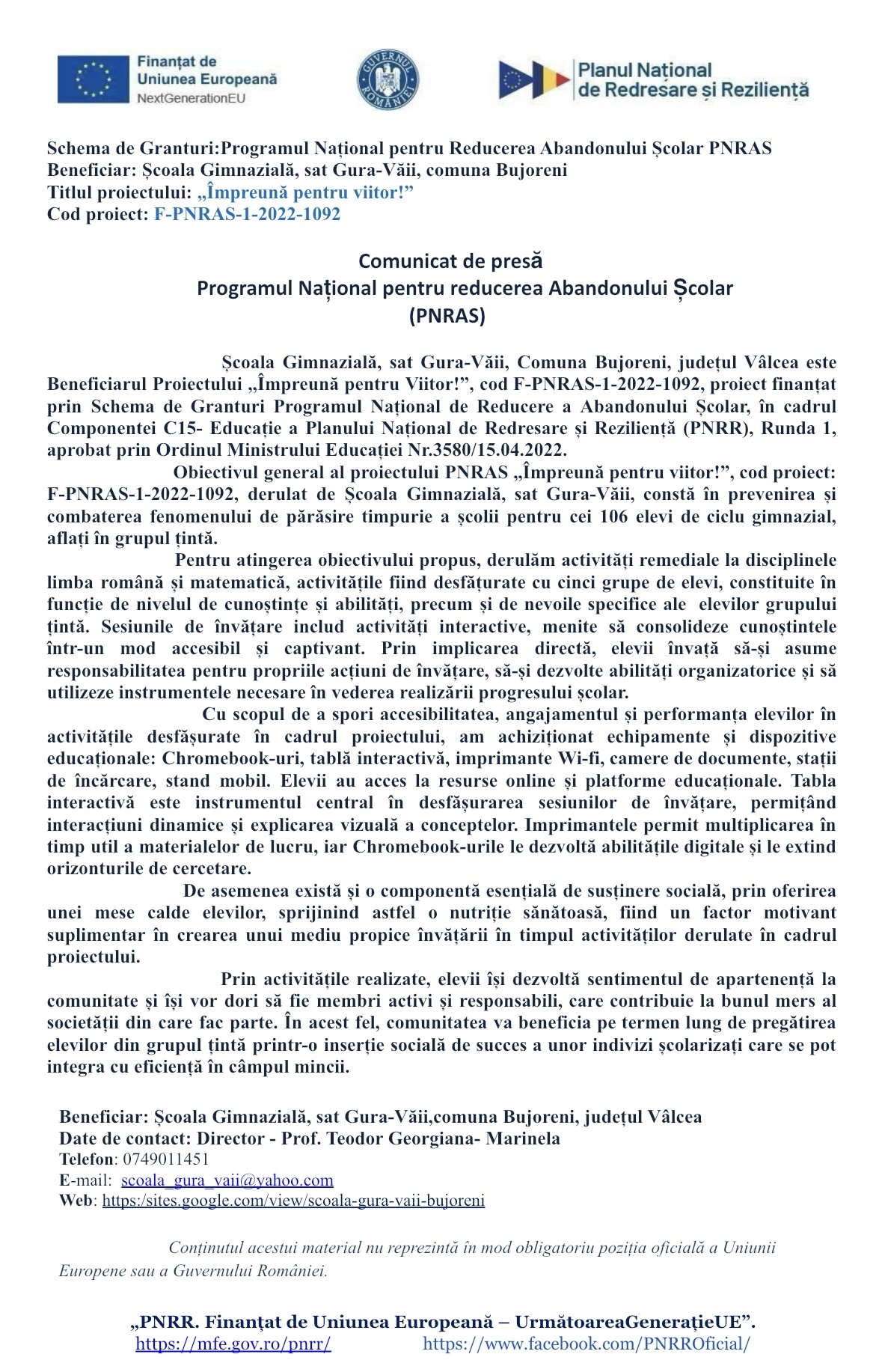 Comunicat de presă: Programul Național pentru reducerea Abandonului Școlar (PNRAS)