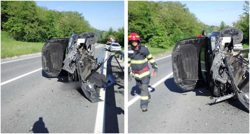 FOTO. O șoferiță s-a răsturnat cu mașina pe carosabil la Costești