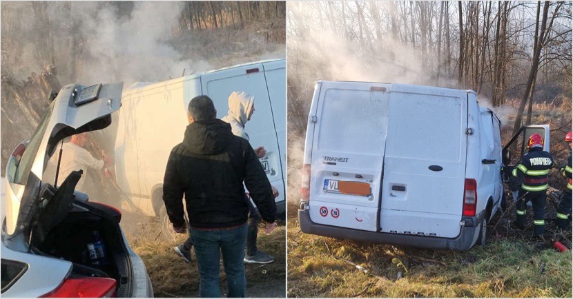 FOTO – Accident rutier urmat de incendiu la Mihăești: o femeie transportată la spital