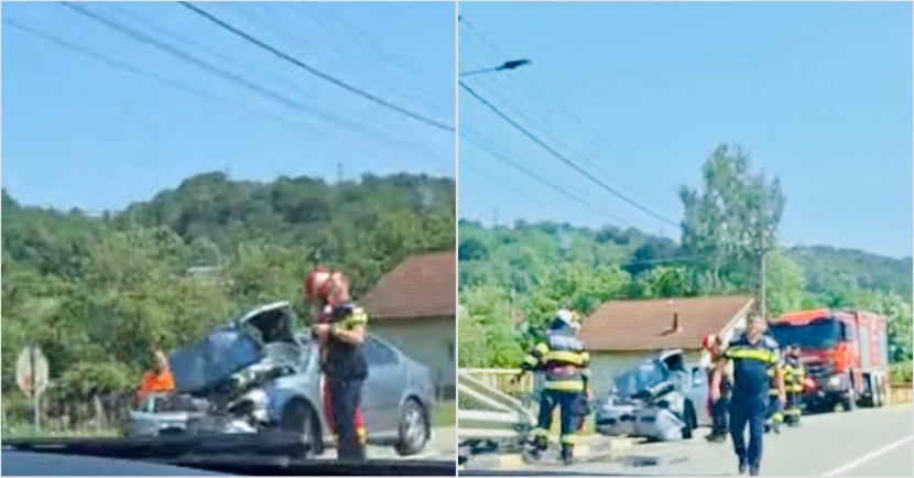 FOTO. ACCIDENT pe DN 67, la Bărbătești. A intrat într-un cap de pod