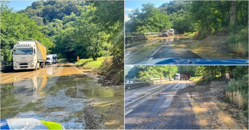 FOTO/VIDEO. Trafic afectat pe Valea Oltului: aluviuni pe carosabil