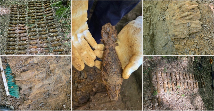 FOTO/VIDEO. Arsenal găsit în pădurile din județul vecin: aproape 400 de proiectile din Primul Război Mondial