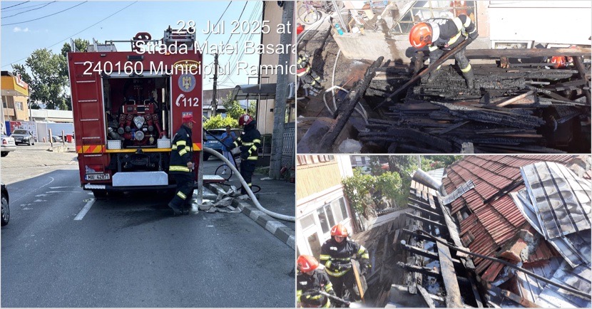 FOTO. Incendiu la o anexă din spatele unui service auto din Râmnicu Vâlcea. Traficul, afectat pe o bandă