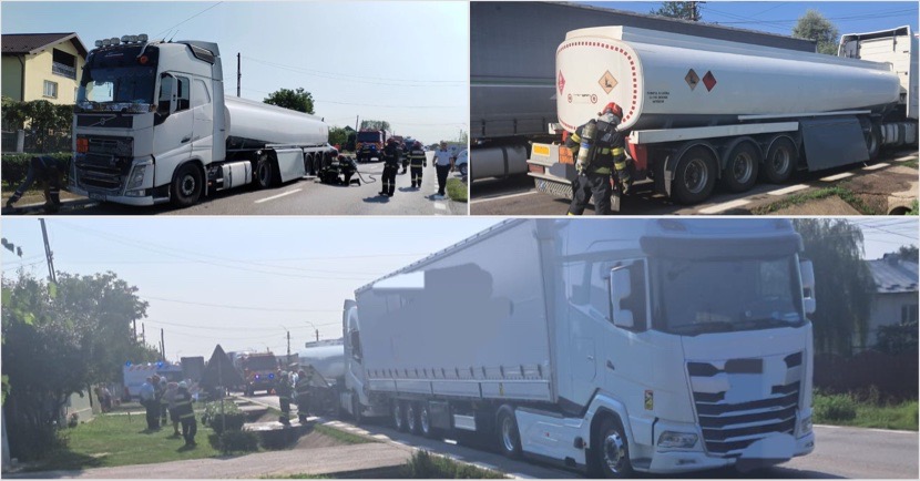 FOTO/VIDEO. Accident pe DN7, între Pitești și Râmnicu Vâlcea: coliziune între două autocamioane. Scurgere de carburant dintr-o autocisternă
