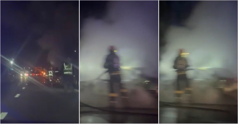 FOTO/VIDEO. Mașină făcută scrum pe DN 7, între Vâlcea și Pitești, după o încercare de pornire cu cabluri