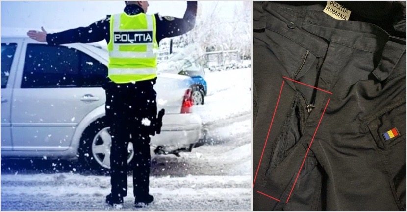 FOTO. Polițist cu pantalonii rupți în zona intimă, chiar în timpul misiunii. Sindicatul reclamă „bătaia de joc”