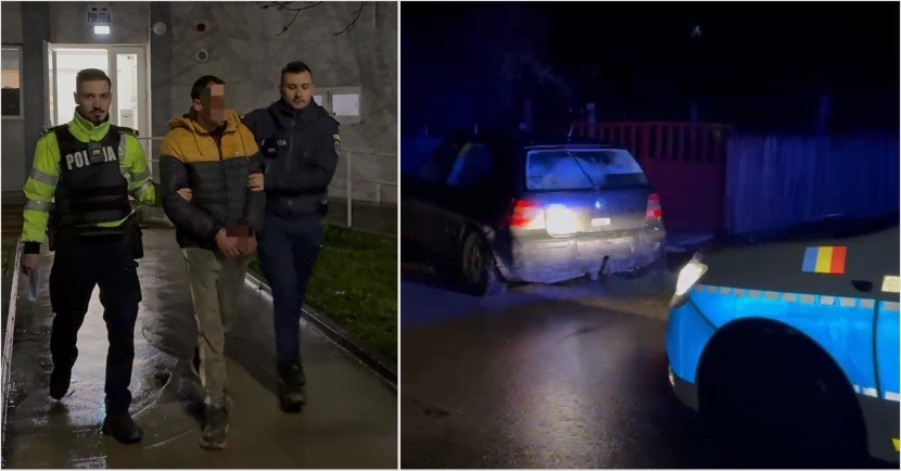FOTO/VIDEO. Gorjean încătușat la Vâlcea după ce a ieșit la plimbare cu mașină fără acte și fără permis