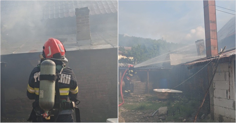 FOTO – Casă în flăcări într-o comună din Vâlcea. Pompierii intervin de urgență
