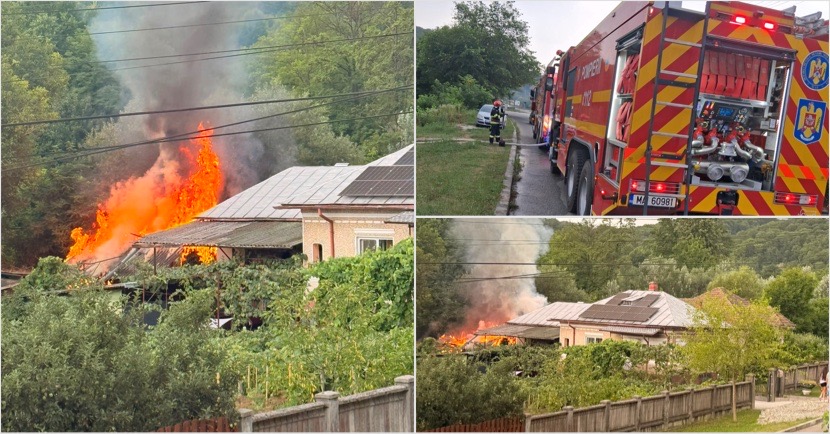 FOTO/VIDEO. Incendiu în Băile Govora. O bucătărie de vară și un fânar au fost distruse de flăcări